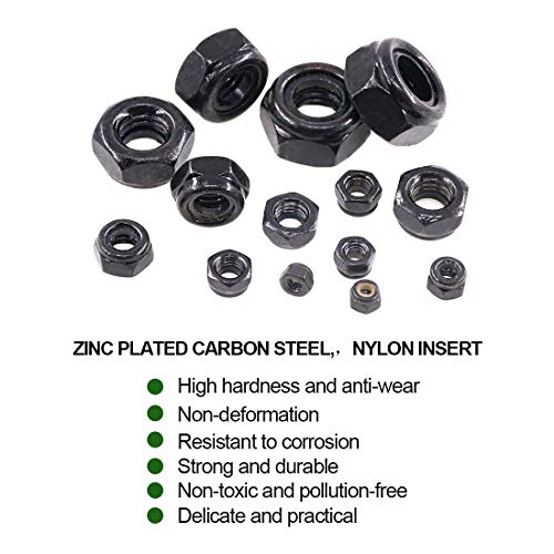 Keadic 650 Pieces Metric Black Zinc Plated Nylon Insert Lock Nuts Assortment Kit, Spring Lock Washer 9 Sizes - M2 M2.5 M3 M4 M5 M6 M8 M10 M12