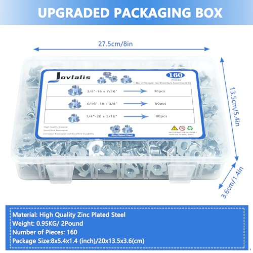 T Nuts 1/4"-20, 5/16"-18, 3/8"-16, Jovlalis 160 pcs Zinc Plated Steel T-Nut 4 Pronged Tee Blind Nuts Assortment Kit for Wood, Rock Climbing Holds, Cabinetry, Furniture Zinc Plated Steel T-Nuts