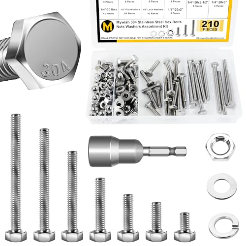 Mywish 85Pcs 5/16-18 Bolts and Nuts Kit & 210Pcs 1/4 20 Hex Head Bolts and Nuts Assortment, 304 Stainless Steel Bolts and Nuts Kit with Flat Spring Washers, Fully Threaded