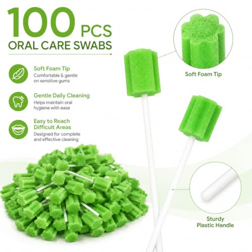Pack of 100 Oral Care Sticks Foam Green Oral Hygiene Cotton Buds | For oral hygiene, dental care and cleaning hard-to-reach areas, gentle and effective for daily use