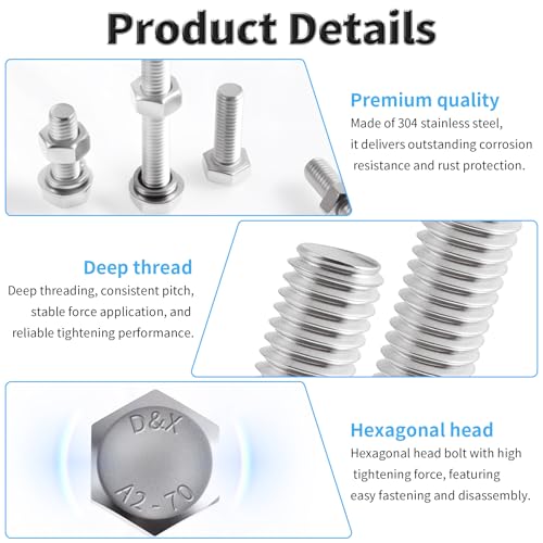 12 Set M10-1.5×120 Hex Bolts with Nuts & Washers, Full Thread 12Pcs M10-1.5×120