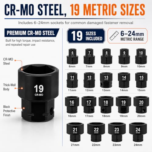 Nano Socket Set 19-Piece Low Profile Sockets 6–24mm for Tight Spaces Repair