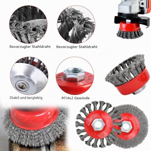6 Piece Angle Grinder Wire Brush Set, M14 Steel Brush Cordless Screwdriver, 75/100 mm Wire Brush Flex, Cup Brush Drill, for Garden, Weeds and Moss 75 mm oder 100 mm