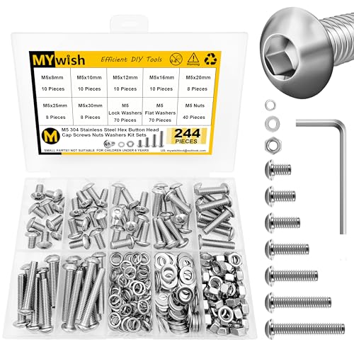 Mywish 244Pcs M5 304 Stainless Stee Metric Screw Assortment & 900Pcs M3 M4 M5 M6 Metric Screw Assortment Kit, Button Head Socket Cap Metric Screws Bolts