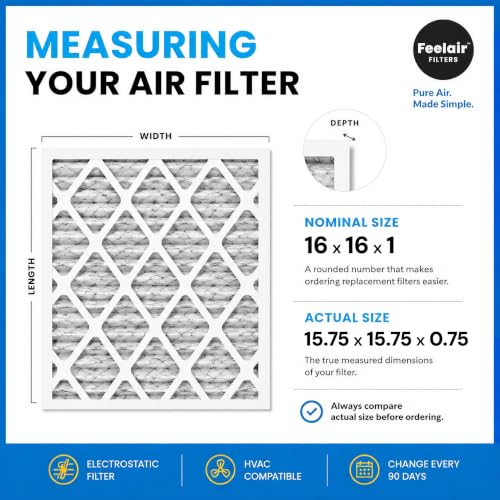 16x16x1 Air Filter, MERV 8, 6 Pack – Premium Pleated HVAC & Furnace Filter, Electrostatic AC Filter Replacement (Actual Size: 15.75" x 15.75" x 0.75") 16x16x1