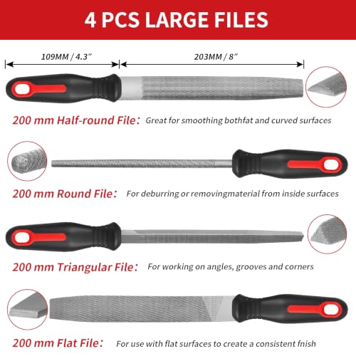19 PCS Metal File Set, T12 Metal Files for Steel,Flat/Round/Triangle/Half-Round Hand Set with Needle File & Steel Brush for Metals, Metalworking & Woodworking Red black 19