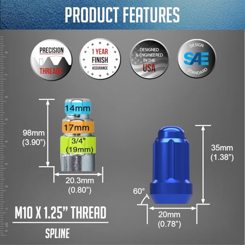 Wheel Accessories Parts 16 Pcs M10x1.25 10x1.25 Thread Car Spline 1.38" 35mm Long Lug Nuts Blue Spline Hex Fits Artic Cat ｜ Can Am ｜ Honda ｜ Kawasaki ｜ Polaris ｜ Suzuki ｜ Yamaha M10 x 1.25