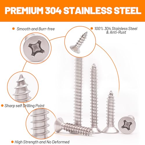 450-Piece Stainless Steel Wood & Sheet Metal Screw Assortment – #4 to #12 Phillips Flat Head Self-Tapping Screws (1/4" to 2") 450PCS Silver