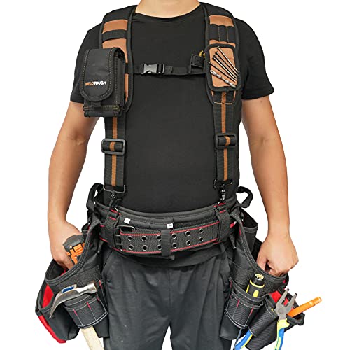 MELOTOUGH Magnetic Suspenders Tool Belt Suspenders with Large Moveable Phone Holder, Pencil Holder, Padded Tool Belt with D ring for men construction Strong Durable Double Metal Roller Buckle