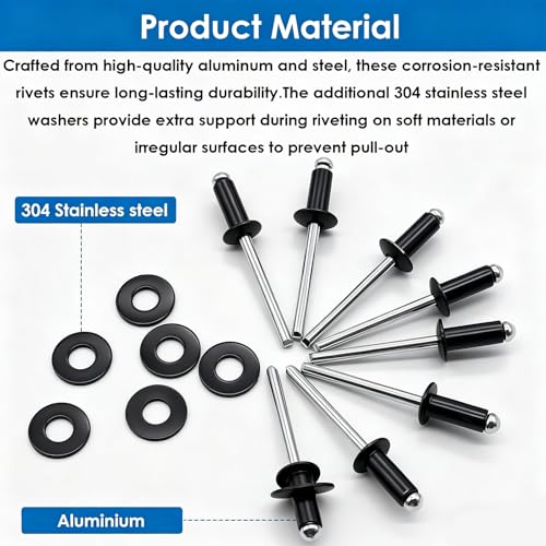 smseace 780Pcs Black Pop Rivets with Washers Assortment Kit-10-Sizes SAE Rivets for Metal 1/8,3/16Inch 2-Sizes 304 Stainless Steel Washers for Metal, Furniture, Automotive, Instruments Black Aluminum 780Pcs 8-Sizes