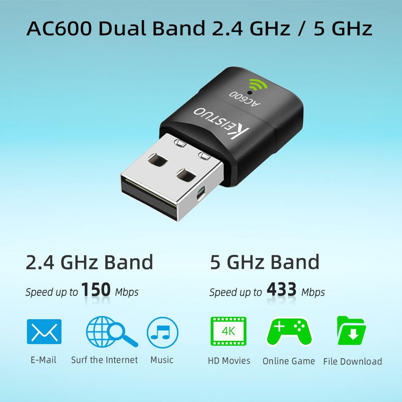 AC600 WiFi Adapter for Desktop PC Laptop - Wireless Dongle for PC, Dual Band 2.4GHz/5GHz, Mini USB WiFi Adapter Compatible with Windows 11, 10, 8, 7, XP Computer System