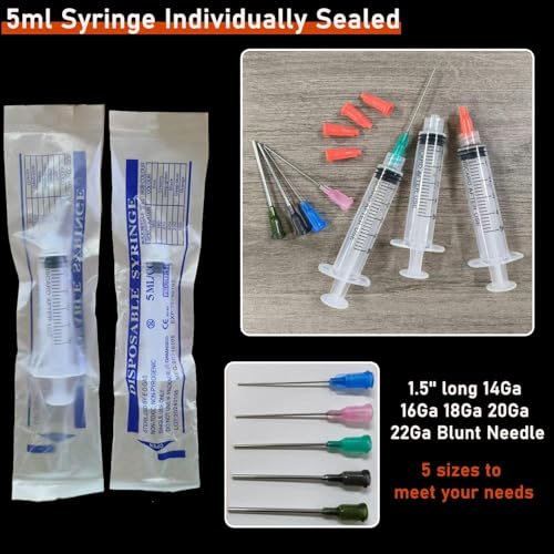 Pack of 5 5ml Ink Filling Syringes, Luer Lock Design, Plastic Syringes | With caps 1.5 inches, 14Ga, 16Ga, 18Ga, 20Ga, 22Ga, blunt tip for liquids, glue, ink 5 ml lure 5.0