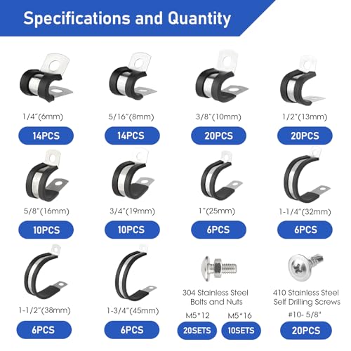 232PCS Cable Clamps Kit, Stainless Steel Rubber P Clamp Assortment 112PCS+50SET+20PCS KIT
