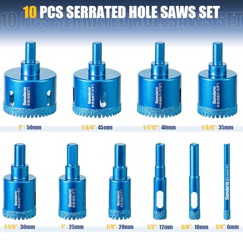 Diamond Hole Saw Kit Tile Hole Saw Kit 10 PCS Serrated Brazing Core Drill Bit Set with EVA Guide Jig Diamond Drill Bits for Porcelain Tile Glass Ceramic Stone Granite Marble 10 PCS Serrated Brazing Diamond Hole Saw