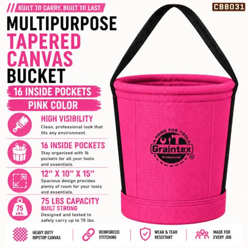 Graintex Tapered Canvas Bucket 12"x10"x15", Utility Tool Bucket 16 Inside Pockets, Reinforced Base & Carry Handle, Ripstop Canvas, Multi-Purpose Bag for Jobsite & Home Use for Tool Storage Solutions Pink