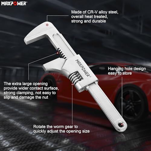 MAXPOWER 11" Automotive Wrench, Adjustable Wrench Wide Jaw Opening 3", Adjustable Auto Wrench for Automobiles Construction, Machine Maintenance and Home Repairs