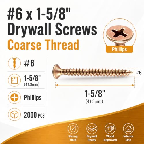 2000 Pcs #6 × 1-5/8 Inch Coarse High Hardness Drywall Screws, Yellow Zinc Plated Bugle Head Screws for Drywall and Wood