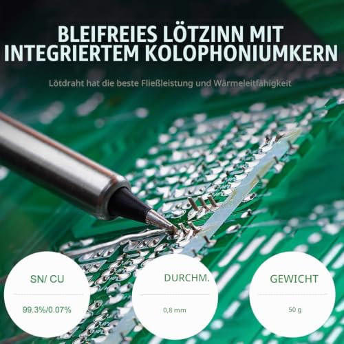 Solder 0.8 mm, Solder with Flux 50 g, Solder Lead Free with Rosin Core, Solder Wire, Solder Wire for Repair and DIY of Electronic Electric Soldering Components