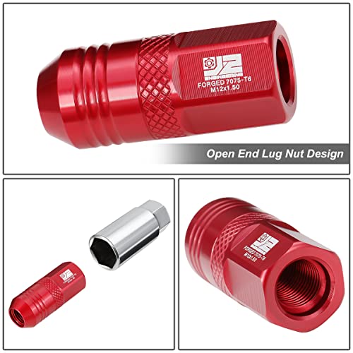 J2 Engineering J2-LN-T7-040-15-RD M12 x 1.5 T6-7075 Aluminum 50mm Open End Lug Nuts w/Deep Drive Extension Adapter,Red,21mm x 50mm