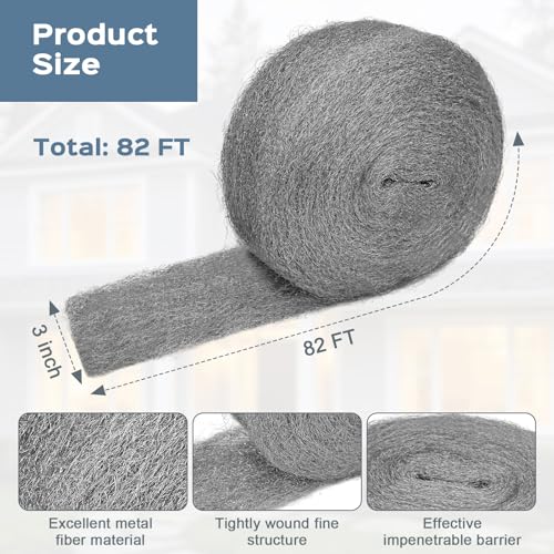 82 FT (1.5LB) Steel Wool Mice Control, #1 Steel Wool, Mouse Hole Filler, Mice Barrier Mouse Gap Filler for Garden, House, Garage, Prevent Animals from Entering Holes, Siding, Pipeline, Vents