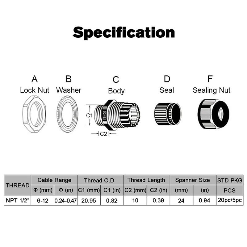 LeMotech 50 Pack NPT 1/2" Cable Glands Waterproof Adjustable 6-12mm Cable Connectors Grey Nylon Joints with Gaskets 1/2inch 50-pack Gray