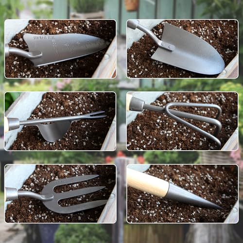 Japanese Gardening Tools Set, 6 Pcs Garden Tools Set, Black Painted Stainless Steel Heavy Duty Gardening Tools Kit, Hand Trowel, Dibble, Hand Rake, Weeder, Transplanter and Hand Folk… Black Painted Steel 3
