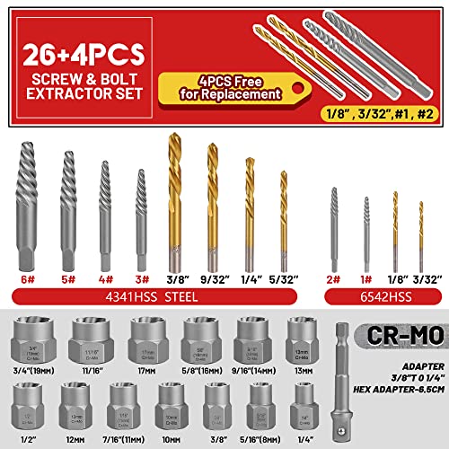 30 Pcs Spiral Screw Bolt Extractor Set Left Hand Drill Bit Set 30Pcs