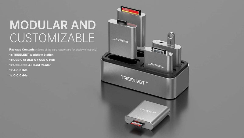 TREBLEET Workflow Station with USB-C SD 4.0 Card Reader and C to A & C Hub, Professional Card Reader HUB DIY Edition, Modular 4-Bay Docking Station, USB3.2 Gen1 10Gbps
