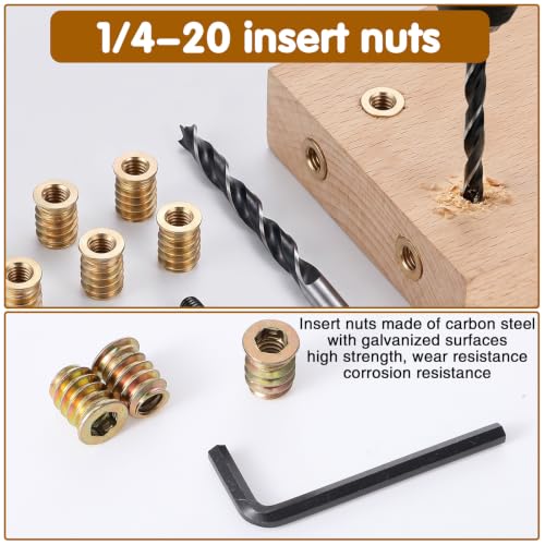 163-Piece 1/4"-20 Threaded Inserts for Wood Furniture, 80 Brass Insert Nuts, 40pcs 1/4"-20 x 3/4" Bolts, 40pcs 1/4"- 20 x 1-1/4" Bolts, Twist Drill Bit & 2 Wrenches, Complete Furniture Fastener Kit