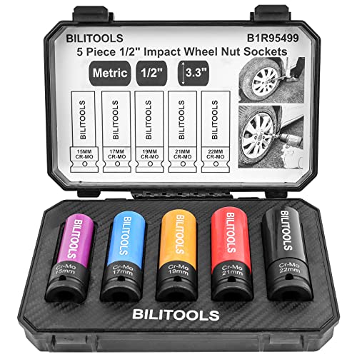 BILITOOLS 5 Piece 1/2 inch Drive Impact Lug Nut Socket Set and 14 Piece Master Wheel Hanger Alignment Pin Set