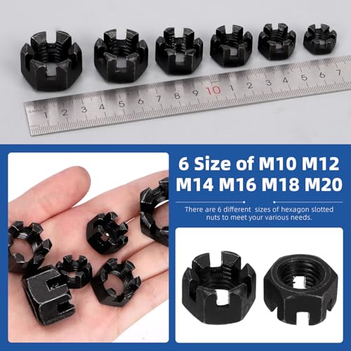 Glarks 60Pcs M10 M12 M14 M16 M18 M20 Black Hexagon Slotted Nuts Assortment Kit, 6 Size Carbon Steel Hex Castle Nuts for Car Moto Furniture Fasteners Repair