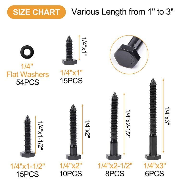 1/4" Hex Lag Bolts Stainless Steel 18-8 (304), VIGRUE 108PCS Black Oxidized, Hex Lag Screws Heavy Duty Wood Screws Washers Assortment Kit, Length Include 1" 1-1/2" 2" 2-1/2" 3" 1/4 x 1" to 3"