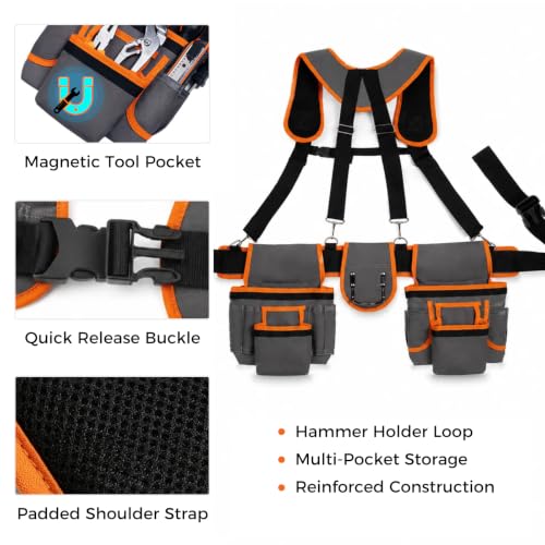 Magnetic Detachable Tool Belt with Suspenders, Fits 32‑66" Waist