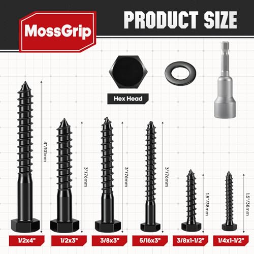 (25 Sets) 1/2" x 3" Hex Head Lag Screws, Heavy Duty Lag Bolts with Washers, Black Zinc Plated Furniture Screws for Fence, Furniture Installation & Wood Construction 1/2x3in 25pcs