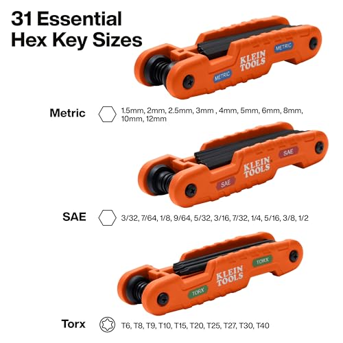 Klein Tools 70553 3-Piece Pro Folding Hex Key Set, Metric, SAE, Torx Sizes, 31 Keys, Industrial Strength Heat Treated Alloy Steel TORX, SAE & Metric Kit