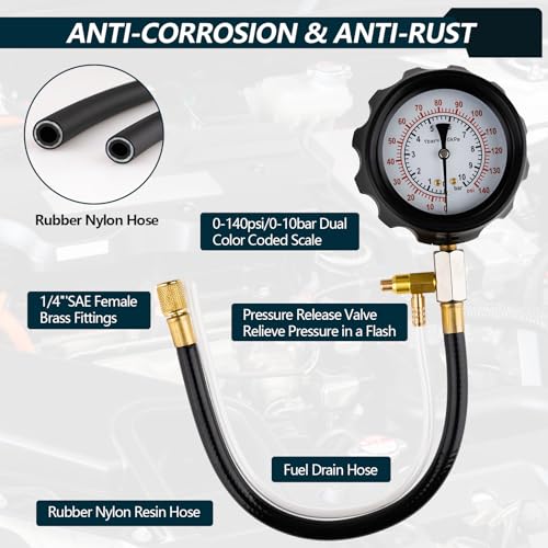 0-140PSI Fuel Pressure Tester Kit, Fuel Injector Injection Pump Pressure Gauge, Fuel Pump Pressure Tester Diagnostic Tool for Gasoline Cars, Trucks, Motorcycles and RVs