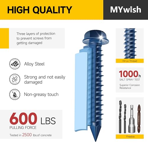 Mywish 200Pcs Concrete Screws Assortment Kit 1/4 3/16 & 190Pcs #8 Pocket Hole Screws, Wood Screws Assortment Kit, Self Tapping Pocket Screws, Block Brick Cement Screws and Anchors