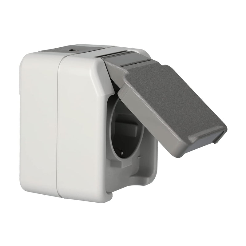 Schneider Electric Merten MEG2301-8029 Schuko socket hinged lid, protective contact socket surface-mounted 1-way damp room, IP44, light gray, Aquastar without contact protection