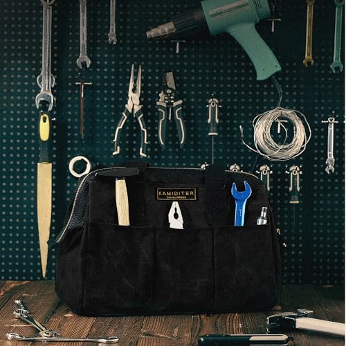 Heavy-Duty 16oz Waxed Canvas Tool Tote Bag - 15" Wide Mouth Open Top Organizer with 15 Pockets | Multi-Purpose Storage for Tools, Hardware & DIY Supplies (Black) Black 15 Inch