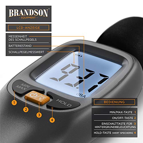 Brandson - Sound level meter calibrated - Digital volume meter - 35dB to 130dB with LCD display with backlight - Noise meter - MAX/MIN data storage