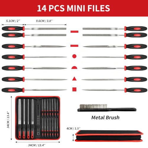 19 PCS Metal File Set, T12 Metal Files for Steel,Flat/Round/Triangle/Half-Round Hand Set with Needle File & Steel Brush for Metals, Metalworking & Woodworking Red black 19