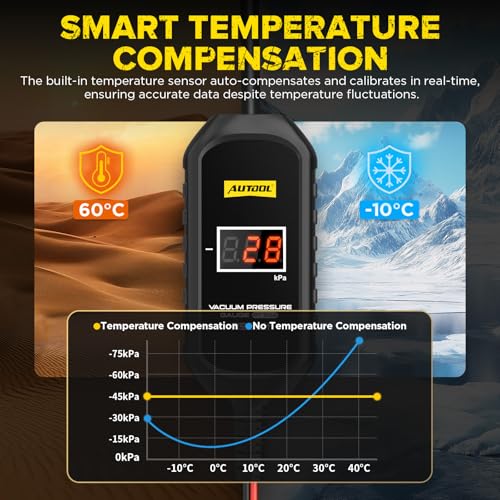 AUTOOL PT502 Digital Vacuum Pressure Gauge, Automotive Vacuum Leak Tester with Temperature Compensation, 101kPa High Accuracy Engine Intake Exhaust EGR Diagnostic Tool, 12V Car Powered