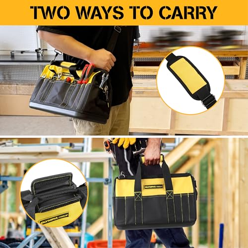 Olympia Tools 16 Inch Wide Mouth Tool Bag, Tool Tote with Water Proof Molded Base, Tool Bags for men with 21 Pockets and 7 Belt Loops, Padded Handle, Adjustable Shoulder Strap Standard