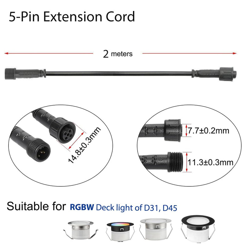 Sumaote 6.56ft 2m 5Pin Extension Cable Wire with Male and Female Connectors at Both Ends for RGBW Color LED Deck Light (5 Pin, 6.56ft, 5 Pack) 5 Pin