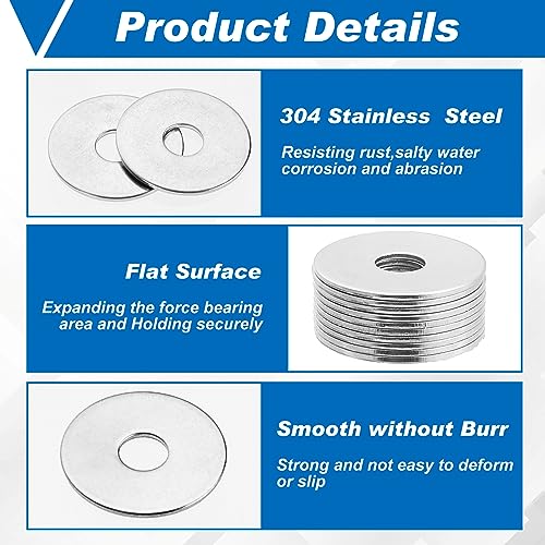 Hotop 400 Pieces Fender Washers 18-8 Stainless Steel, 1/4" X 1" 1/4" X 1"