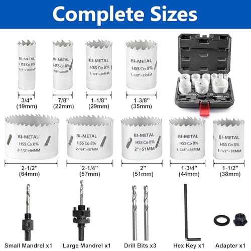 Greywolf 15 pcs Bi-Metal Hole Saw Set, M42 8% Cobalt HSS Hole Saw Kit with 3/4"-2-1/2" (19-64mm) 9-Piece Hole Saw Blades, Box with Arbor, Drill Bit, Hex Key, for Metal, Wood, Plastic White