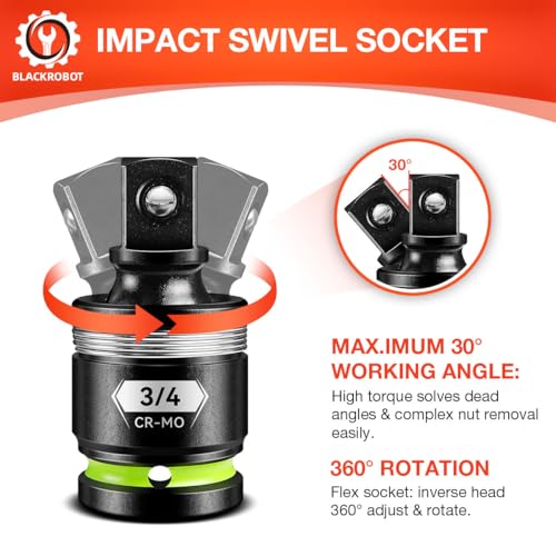 BLACKROBOT 3/4" Drive Impact Universal Joint Set, CR-MO Swivel Socket Adapter for Heavy-Duty & Automotive Repair, Flexibly Reach Tight-Angle Fasteners
