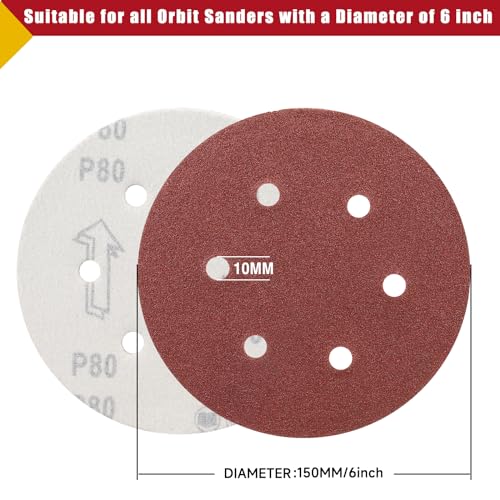 100 PCS 6 Inch Sanding Discs Random Orbital Sander Sandpaper 6 Hole Mix Grit 6 Hole-Red