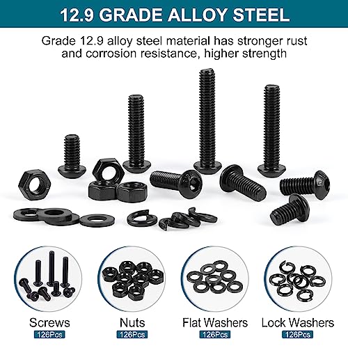 SATANTECH 505Pcs Metric M6 Bolt Assortment 10/12/14/16/20/25/30/35mm Button Head Hex Socket Cap Screws Bolts Nuts Washers Assortment Kit, 12.9 Grade Alloy Steel Black Galvanized, Fully Threaded Black M6 Bolt