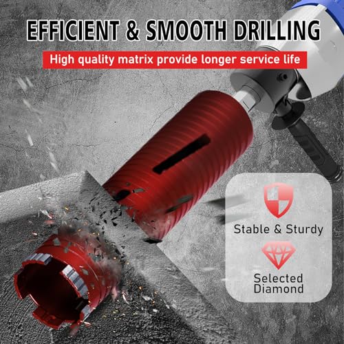 SALI Diamond Core Drill Bits 2 1/2" Diameter 10"/254mm Drilling Depth 5/8-11" Thread Core Bit Turbo Laser-Welded Segments for Cured Concrete with Brick Block Masonry with Two Adapters（Red） 2 1/2"x11"x5/8"-11